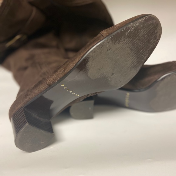 Pesaro Brown Suede Tall Chunky Heel Boot w Buckle - Picture 7 of 8